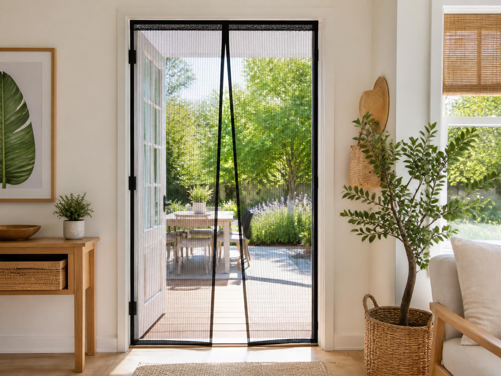 BreezeGuard magnetic mesh screen installed in a sunlit doorway